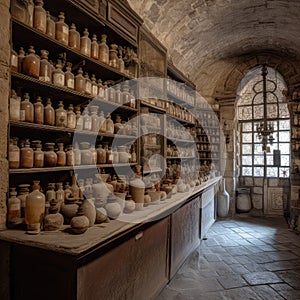 Old pharmacy interior. Wooden table and shelves with variety of dusty glass bottles staying near window on stone floor