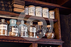 Old pharmacy remedies in glass jars