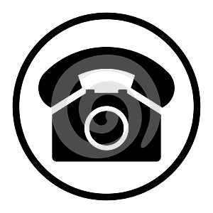 Old phone in black circle flat icon isolated on white background. Hotline symbol. Telephone vector illustration. Phone contact