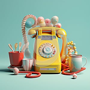 Old phone pink call telecommunication retro vintage receiver equipment dial blue classic telephone handset yellow