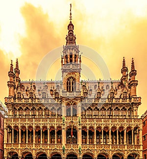 Old photo with facade of the Kings House, Brussels, Belgium