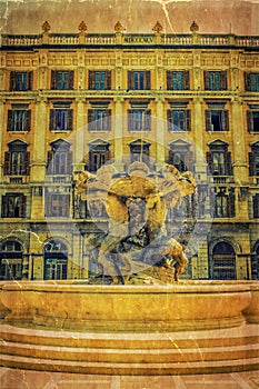 Old photo with Fontana dei Tritoni, Trieste, Italy