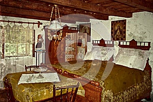 Old photo with german traditional home interior in Banat, Romania photo
