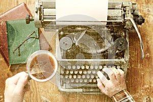 Old photo typewriter retro hand wooden table