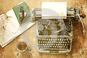 Old photo typewriter retro hand wooden table