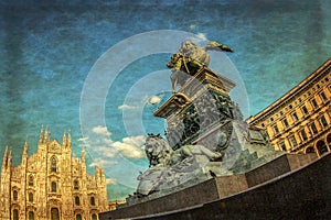 Old photo with wide angle view of the Dome Square in Milan, Italy