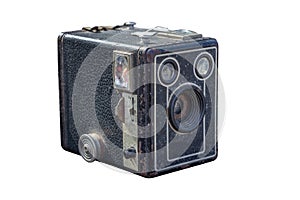 An old photographic camera isolated on white background