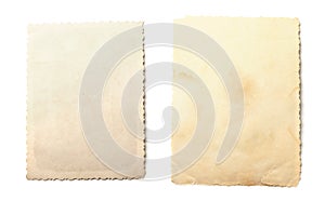 Old photos isolated on white background. Mock-up blank paper. Postcard rumpled and dirty vintage