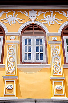 Old Phuket colourful Sino Portuguese house classic facade with stuccowork in Phuket Old town area. Thailand