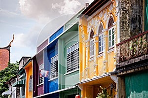 Old Phuket Sino Portuguese colourful houses in Soi Romanee in Phuket Old town area. Thailand