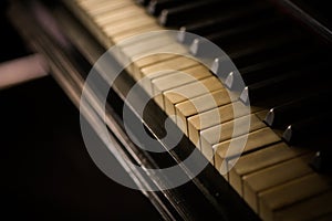 Old piano keyboard, with shallow depth of field