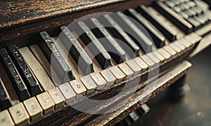 An old piano with keys that are worn and dirty.