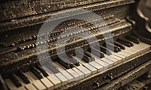 An old piano with keys that are worn and rusted.