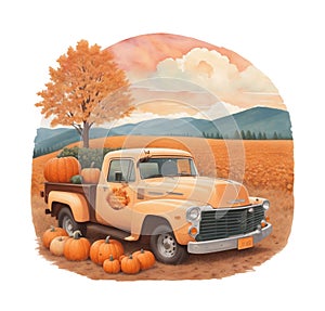 old pick up car on the background of autumn trees, pumpkins, autumn graphics