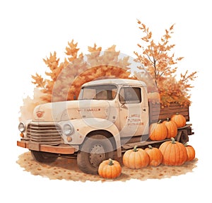 old pick up car on the background of autumn trees, pumpkins, autumn graphics