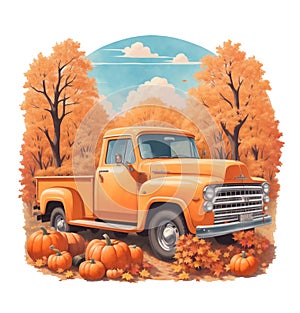 old pick up car on the background of autumn trees, pumpkins, autumn graphics