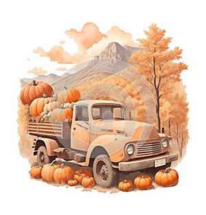 old pick up car on the background of autumn trees, pumpkins, autumn graphics