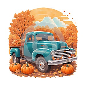 old pick up car on the background of autumn trees, pumpkins, autumn graphics