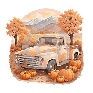 old pick up car on the background of autumn trees, pumpkins, autumn graphics