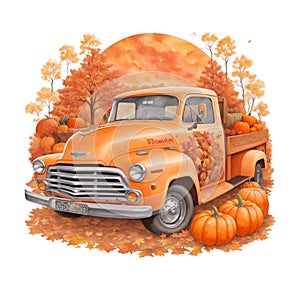 old pick up car on the background of autumn trees, pumpkins, autumn graphics