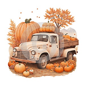 old pick up car on the background of autumn trees, pumpkins, autumn graphics