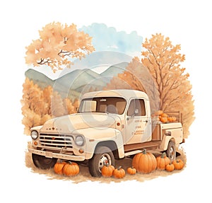 old pick up car on the background of autumn trees, pumpkins, autumn graphics