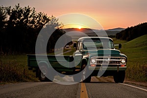 An old pickup truck drives along a rural road