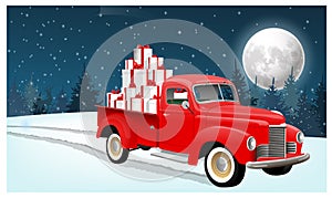 Starý dodávka nákladné auto mnoho darčeky v proti z les vektor obraz. vianočné pozadie 