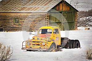 Old Pickup Truck Ranch Scene In Winter