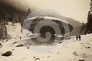 Old picture of crashed huge flat flying saucer down crashed against the rocky mountain. Generative AI