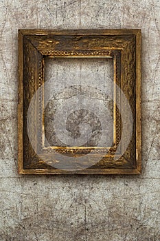Old picture frame handmade wood on wall ruined background photo