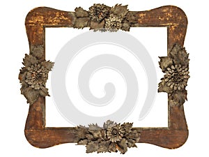 Old picture frame with wood cut grey flowers isola