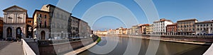 Old picturesque houses at the Arno river waterfront in Pisa, Logge di Banchi at the left photo