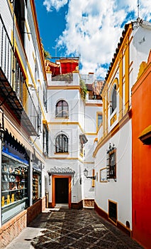 Old picturesque passageway in the medieval Jewish Quarter of Santa Cruz in Seville, Andalusia, Spain