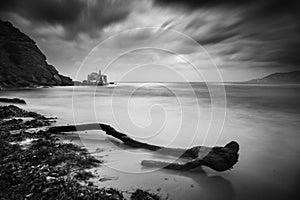 Old piece of tree on the beach with stormy weather, long exposure in black and white.