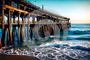 Old pier stretches into the ocean against a backdrop of vibrant colors