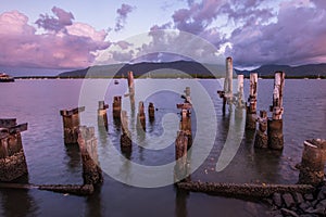 Old pier timber at sunset