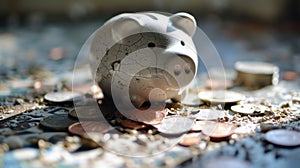 old piggy bank in the shape of a white porcelain pig with coins scattered nearby, concept Conquering Financial Struggles