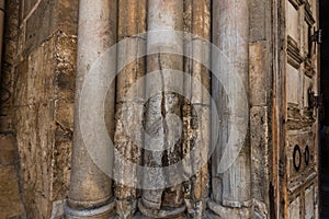 Old pillars of entrance to the Church left side of the Holy Sepulchre, also called the Church of the Resurrection or Church of the
