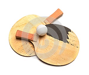 Old pingpong rackets & ball on a white background