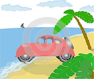 Old pink car on the beach.