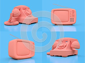 Old pink dial telephone and old pink tv on blue background. 3d illustration