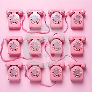 Old pink telephone on pink background with path. Valentines day creative layout with pink retro phone handset and kiss prints on