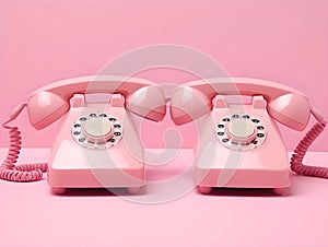 Old pink telephone on pink background with path. Valentines day creative layout with pink retro phone handset and kiss prints on