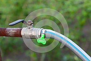 An old pipe with a black handle on a tap and with a green hose attached against a background of green grass in a garden plot for
