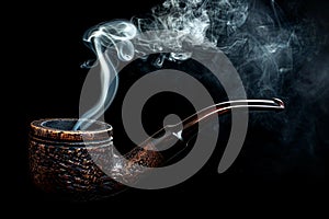 an old pipe with smoke coming out on a solid black background