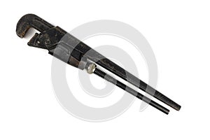 Old pipe wrench rusty adjustable, isolated on a white background