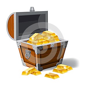 Old pirate chest full of gold bars, vector, cartoon style, illustration, isolated. For games, advertising applications