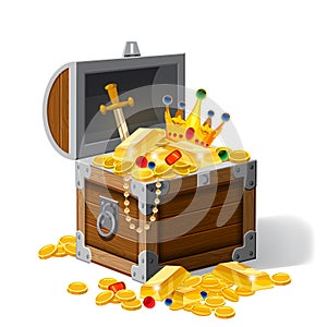 Old pirate chest full of treasures, gold coins, ingots, jewelry, crown, dagger, vector, cartoon style, illustration