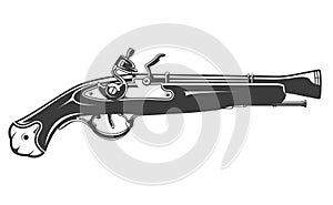 Old pirate firelock musket, ornate vintage pistol, old muzzle-loading shoulder gun